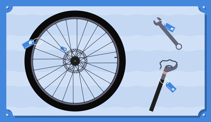 Illustrierte Grafik eines Laufrads, eines Maulschlüssels und einer Kettenzange.