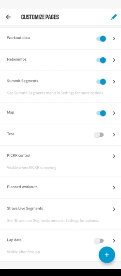 Screenshot der Elmnt App auf Android. Zu sehen sind die Namen der eingerichteten, sogenannten 'Pages', also 'Workout data', 'Nebeninfos', 'Summit Segments', 'Map', 'Test' (deaktiviert), 'KICKR control', 'Planned workouts', 'Strava Live Segments' und 'Lap data'.