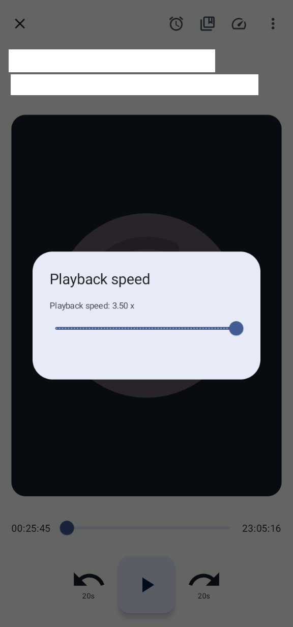 Screenshot der Voice App auf Android. Im Vordergrund der Einstellungsdialog mit der Geschwindigkeit, eingestellt auf dem maximalen Wert 3,5.