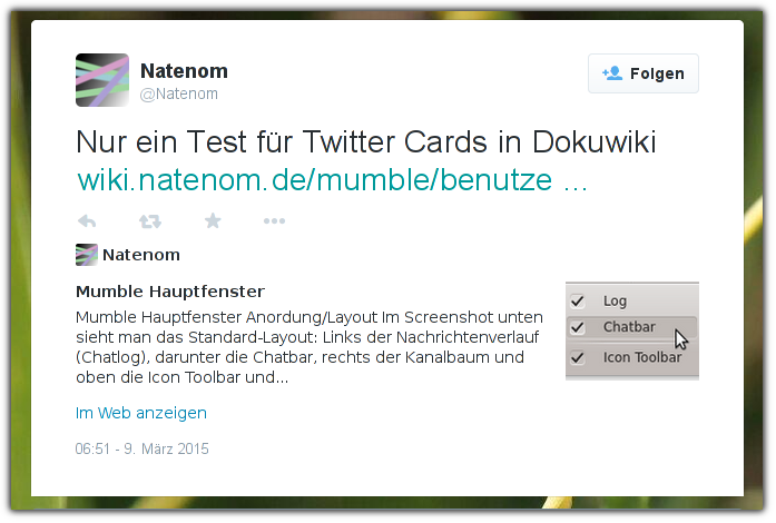 Plugin socialcards ermöglicht Vorschau von DokuWiki-Inhalten auf Twitter mittels „Twitter Cards“